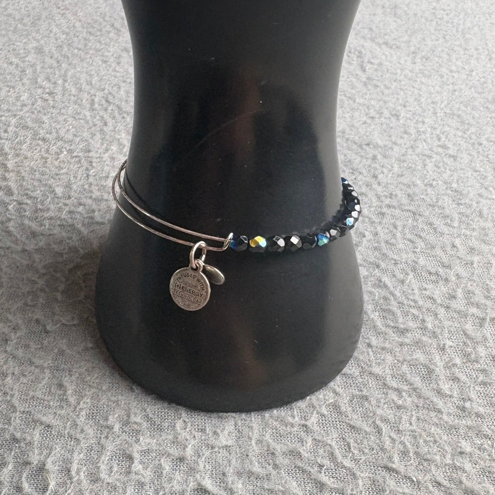 Alex and Ani Black Iridescent Beaded Expandable Bangle Bracelet Silver Tone